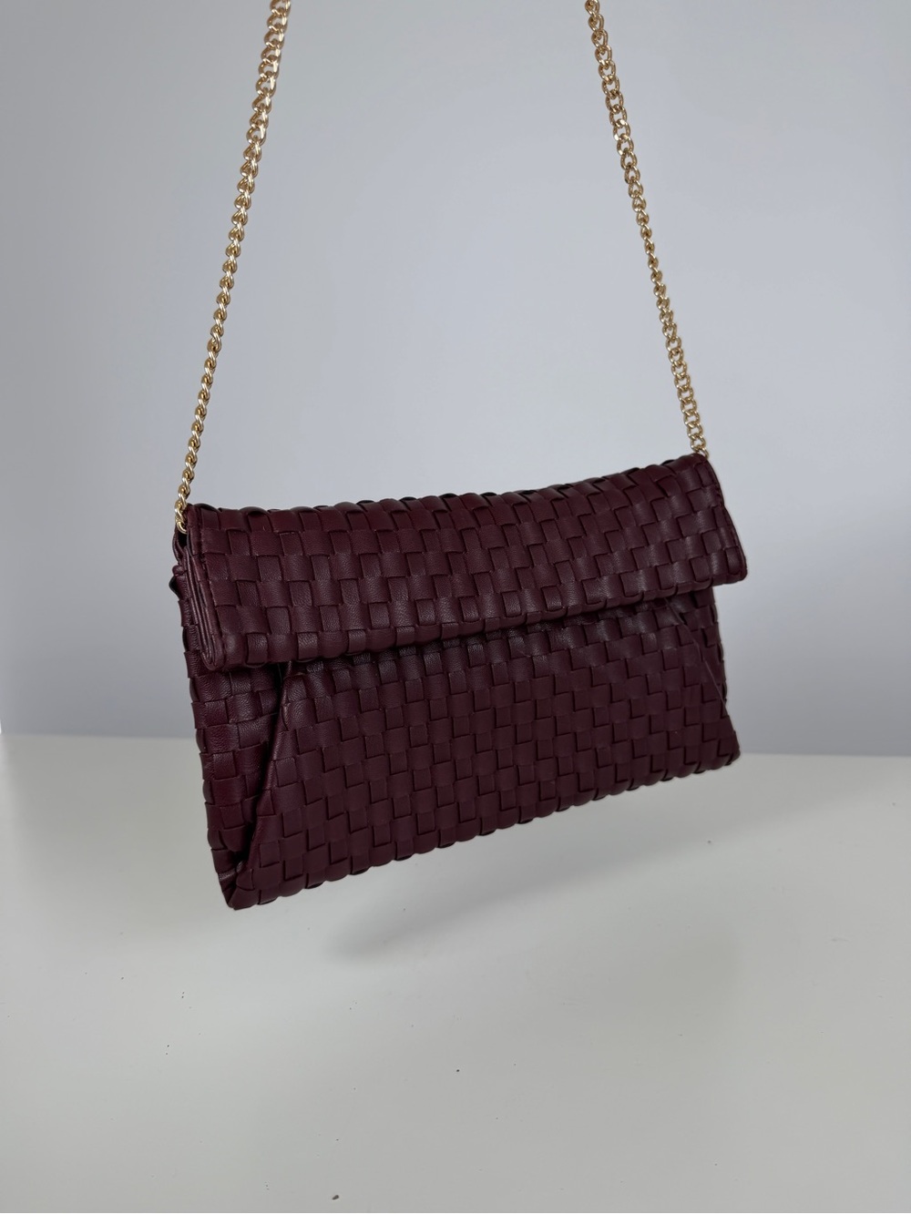 Woven Leather Chain crossbody Bag - Deep Burgundy